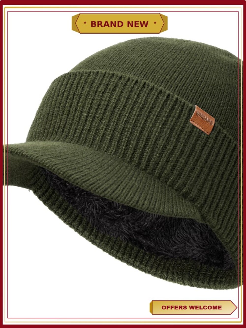 Mens Winter Beanie with Brim Fleece Lined Thermal Knit Visor Hat